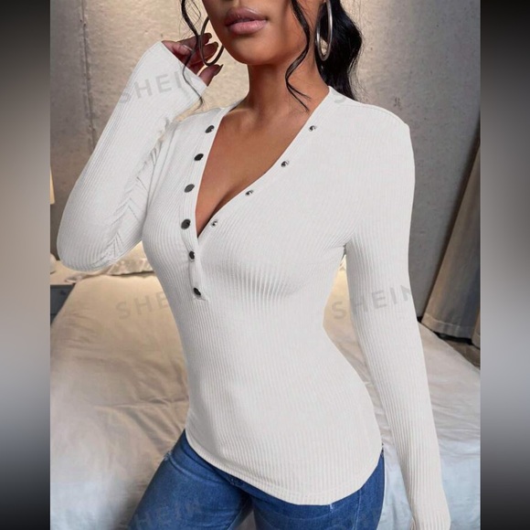 **NWT** SHEIN long sleeve white ribbed tee - L - Picture 2 of 8